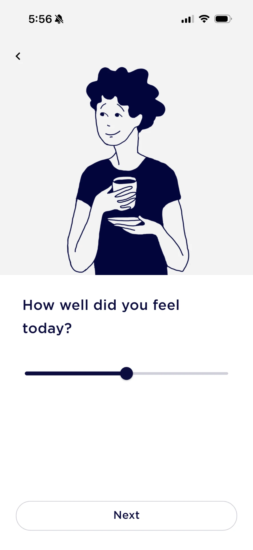 A BedTyme daily reflection asking how well you felt today, with a slider and a Next button