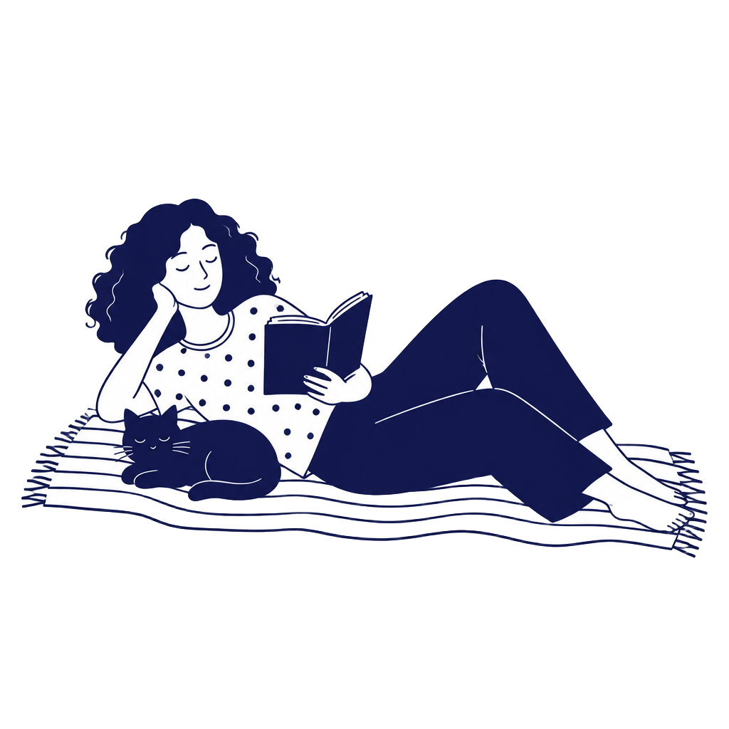 Woman resting peacefully with a book and her cat