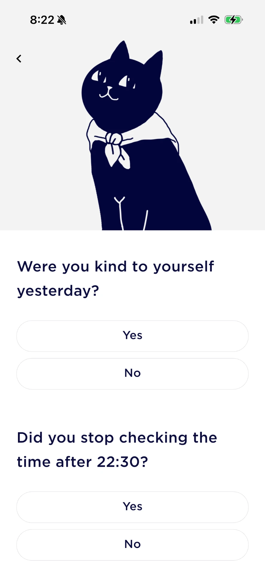 A BedTyme check-in asking “Were you kind to yourself yesterday?” with Yes and No answers